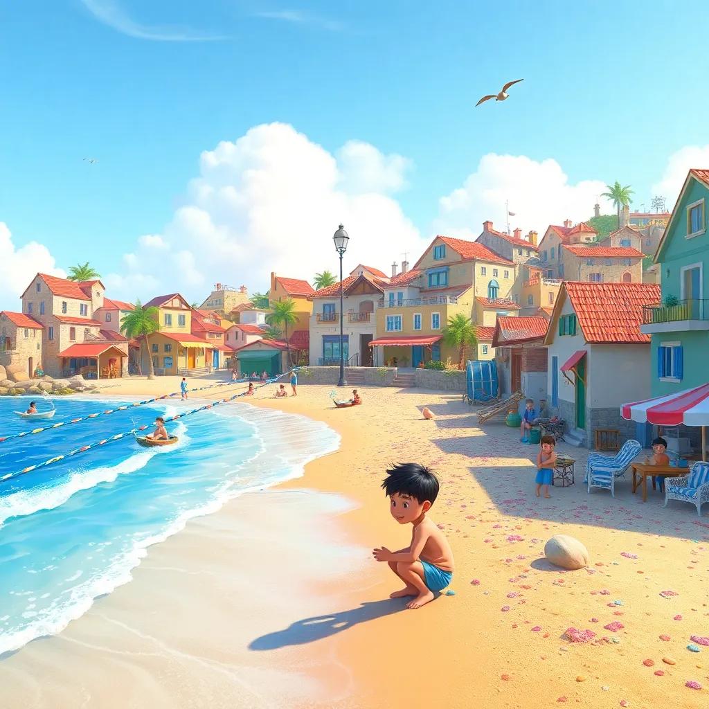 A small coastal town by the blue sea, with a boy named Karim playing with his friends on the beach, colorful sands and sparkling waves, cheerful atmosphere, child-friendly illustration, bright colors, warm sunlight, high detail