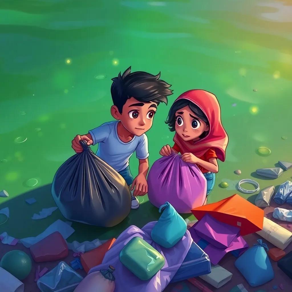 Karim and his sister Mariam examining the polluted green water, looking concerned while holding trash bags, surrounded by garbage on the beach, emotional scene, intense colors reflecting their passion for cleaning, inspiring moment, vibrant illustration, storytelling