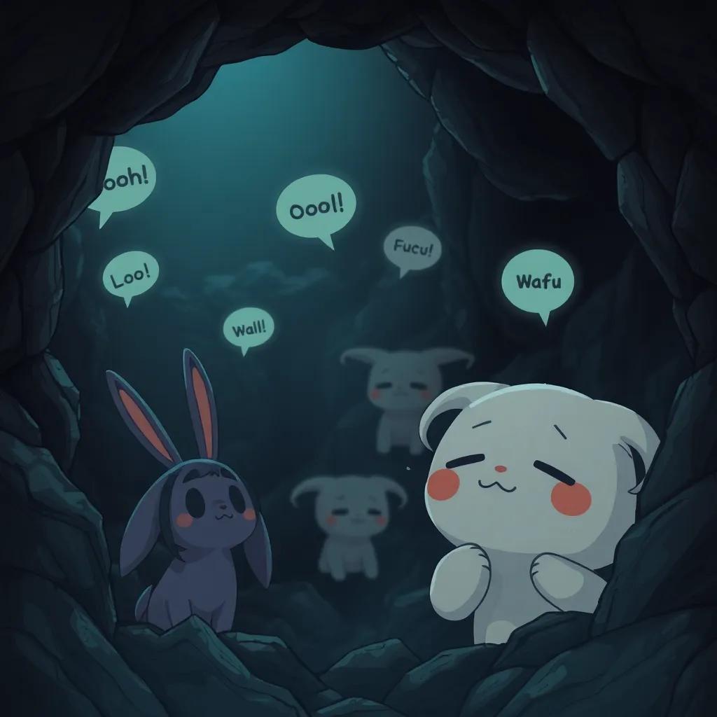 A deep dark hole with echoes of trapped animals saying 'Oooooh!' and 'Waaaa!', Loli, with long ears trembling in fear, Fufu with a pale face whispering his concern, digital art, dark and mysterious, eerie atmosphere, focus on characters' expressions, high quality