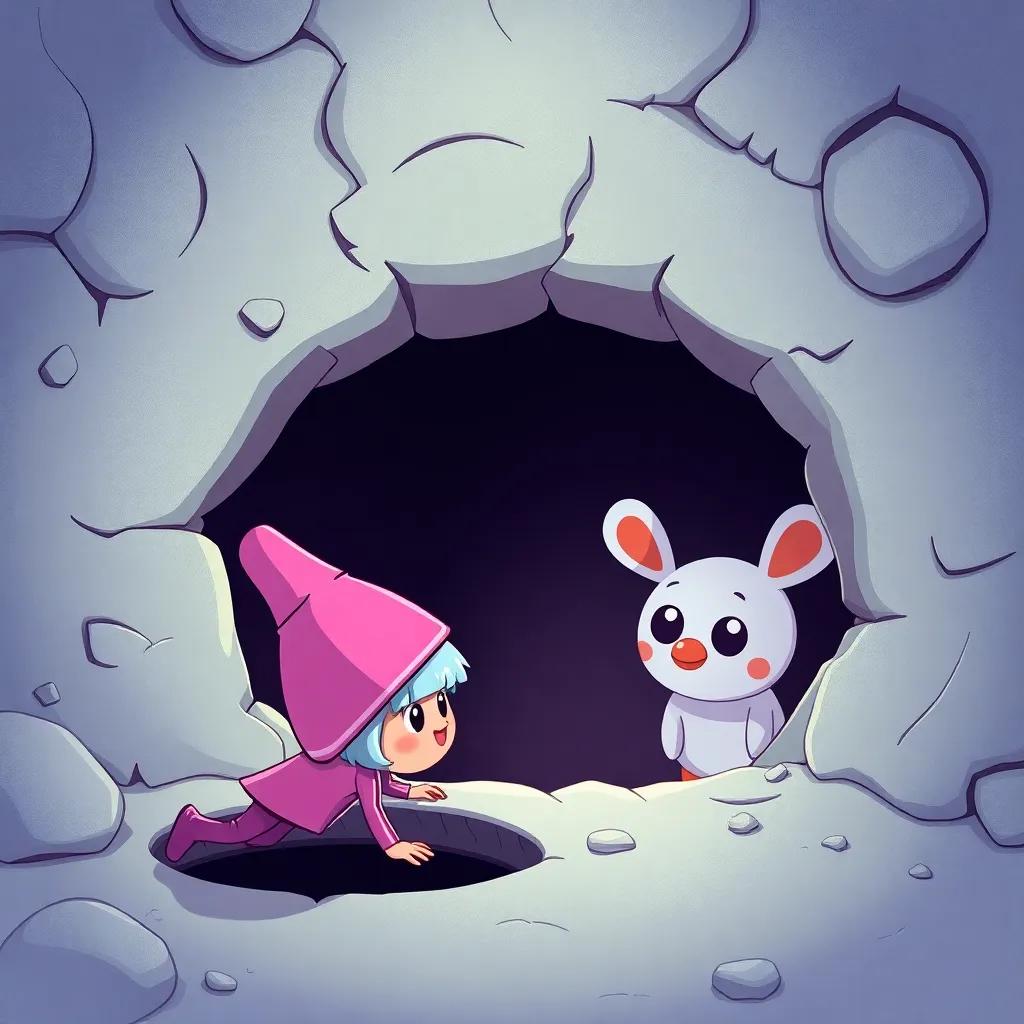 Sookra, with a pink hat, slowly crawling towards the edge of the hole, while Lolly and Fufu watch with wide eyes, tension in the air, child-friendly illustration, vibrant colors, imaginative scene, heartwarming perspective, high quality