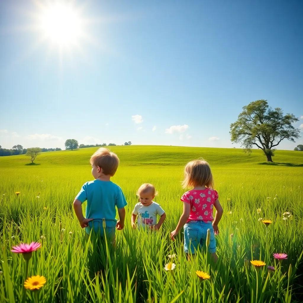 A sunny field with kids playing and a beautiful green landscape, cheerful atmosphere, vibrant colors, high quality