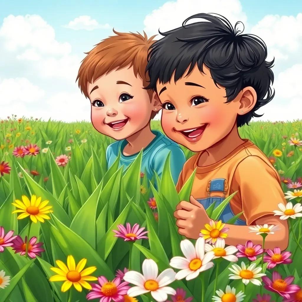 Children admiring beautiful green crops in a sunny field, colorful flowers surrounding them, joyful expressions, detailed illustration, bright colors