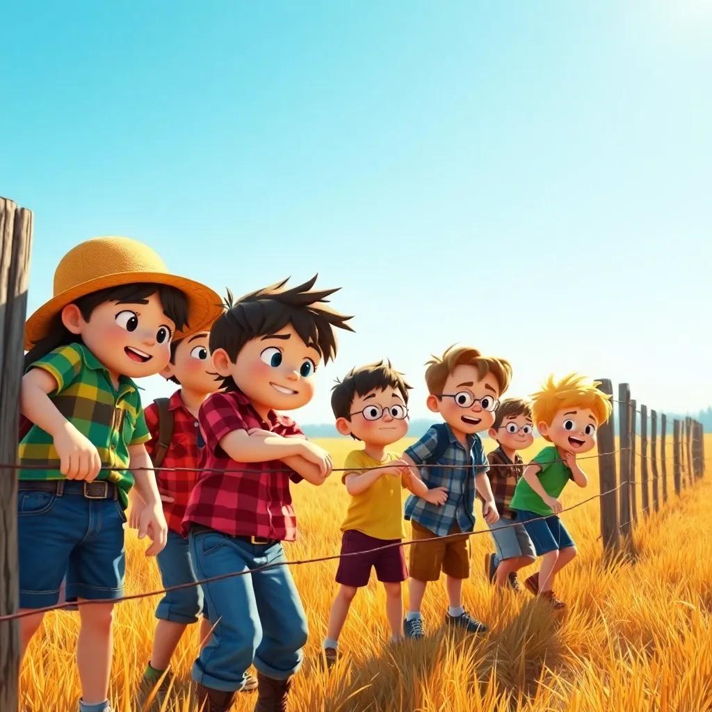 A group of older kids planning to cut a fence, looking mischievous, bright sunny day, in a field setting, colorful, cartoon style