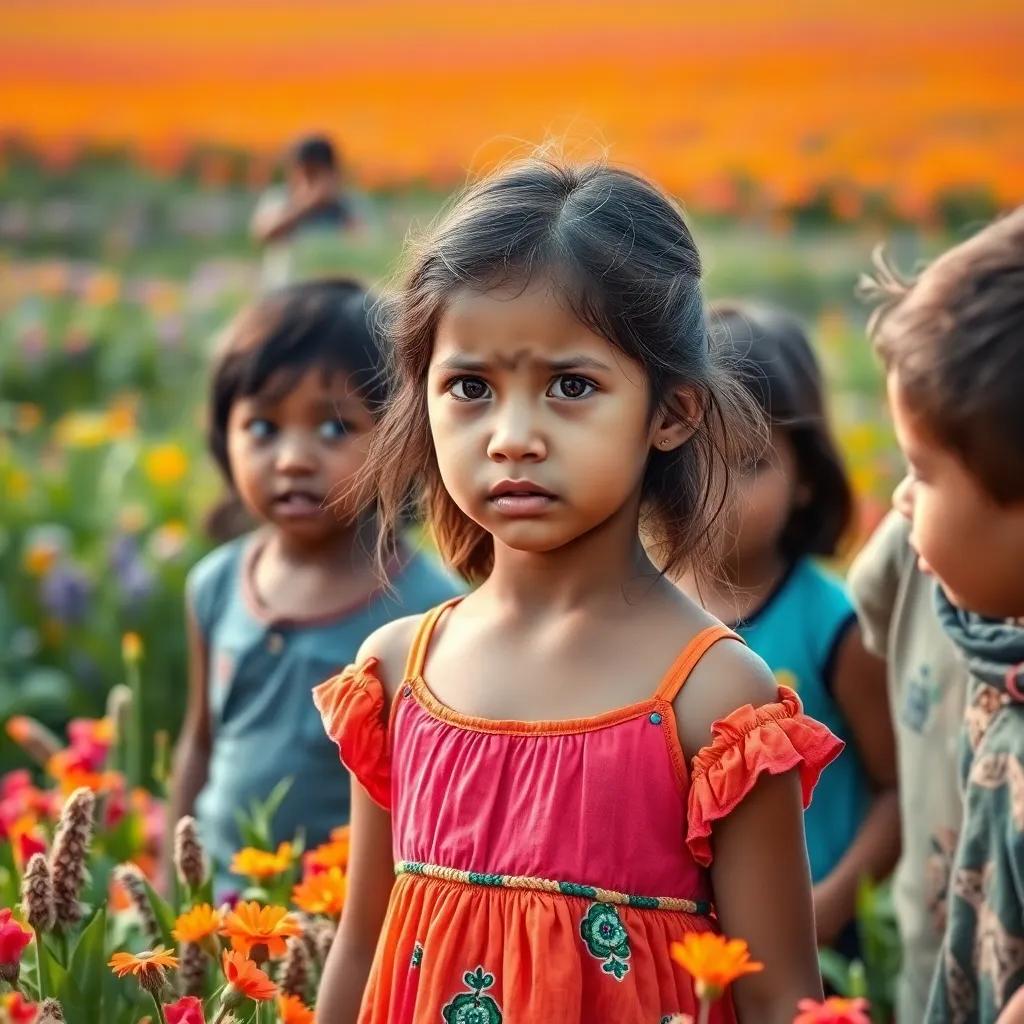 A girl, Sara, with a worried expression, talking to older kids, wearing a bright dress, standing amidst the crops, colorful field, child-friendly
