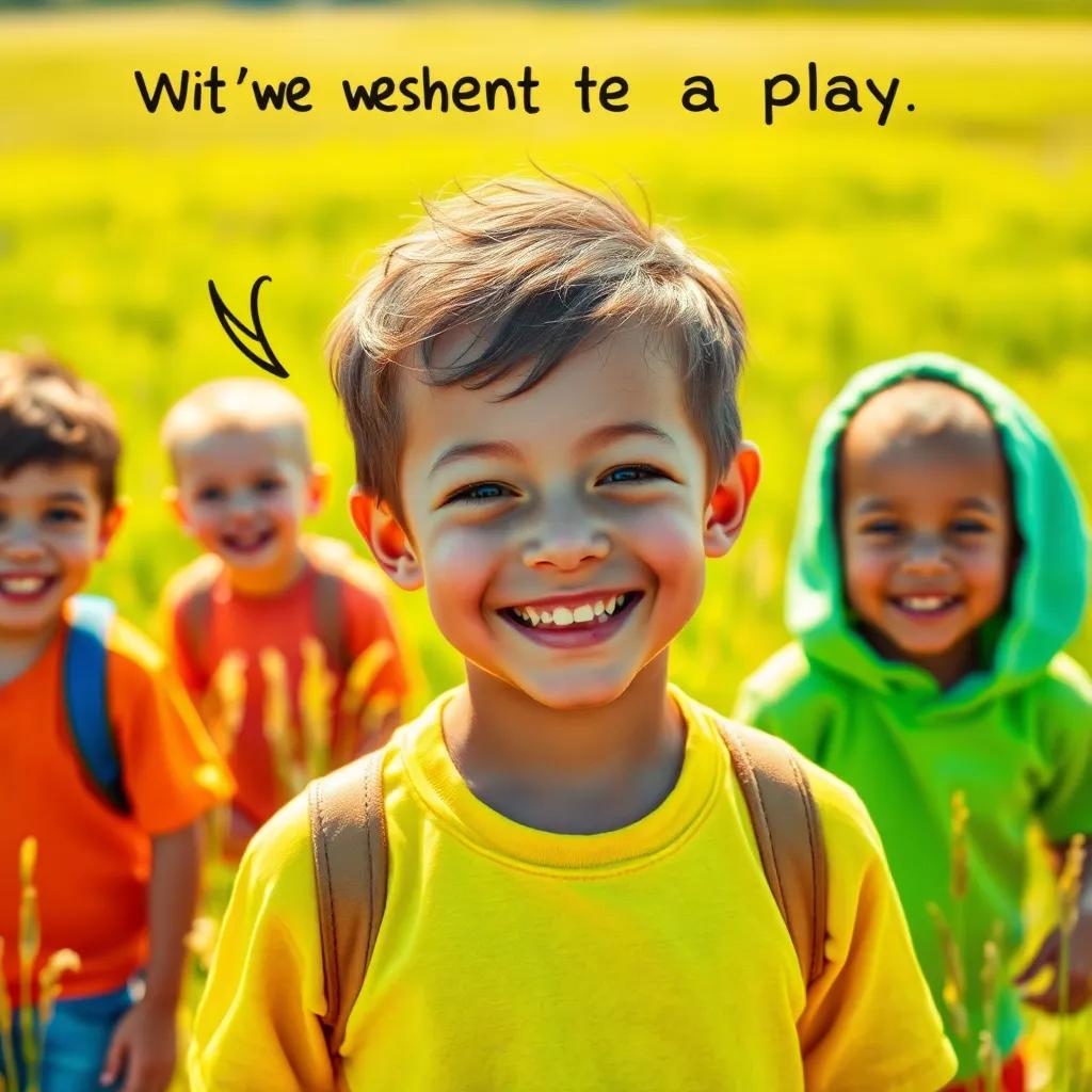 One older kid smiling and saying they want to play, with bright clothing, in the sunny field, fun atmosphere, cheerful characters, bright colors