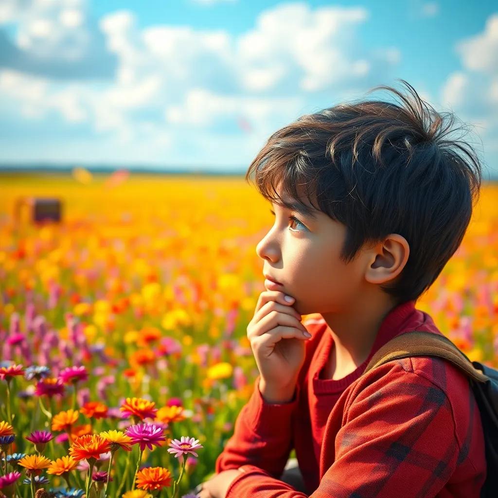 A young boy, Ali, thinking and planning with friends, surrounded by the colorful field, imaginative scene, bright colors, engaging