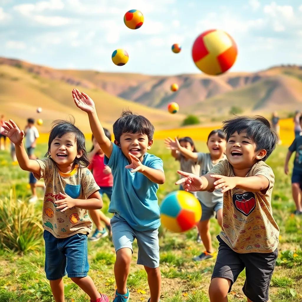Children playing a big game, laughing and throwing balls, cheerful expressions, colorful landscape, playful scene, vibrant