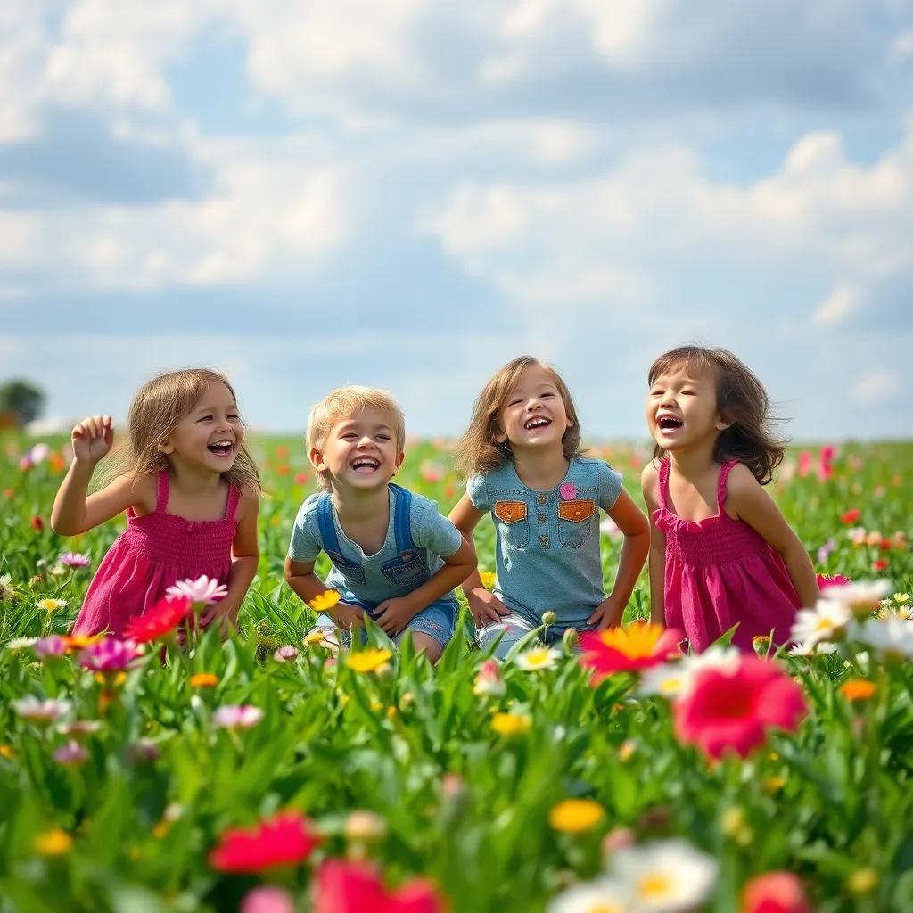 Kids happily playing together in the field, surrounded by beautiful crops and flowers, laughter in the air, bright colors, joyful atmosphere