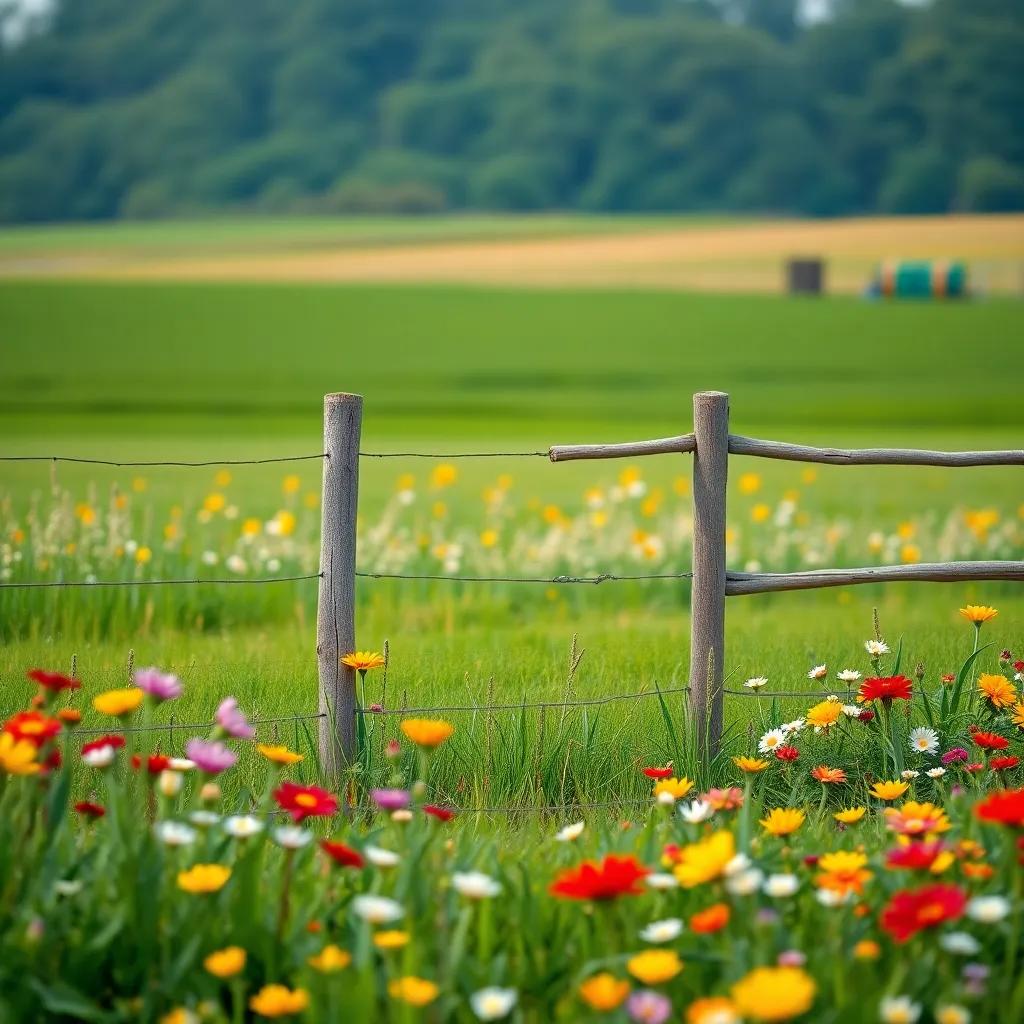 The fence standing strong, crops growing beautifully, colorful flowers surrounding, peaceful field scene, child-friendly