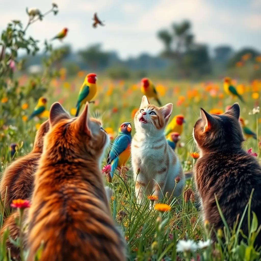 Cats and birds observing the joyful scene in the field, lively nature around, colorful and bright, engaging detail