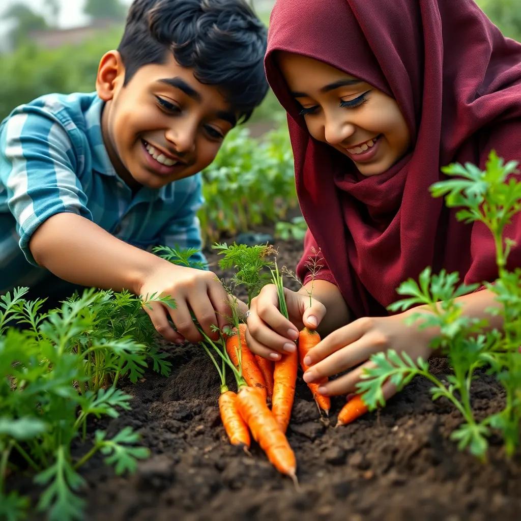 A close-up of Ahmed and Leila picking bright orange carrots from the soil, surrounded by green plants, joyful expressions, detailed, vibrant colors, close-up view
