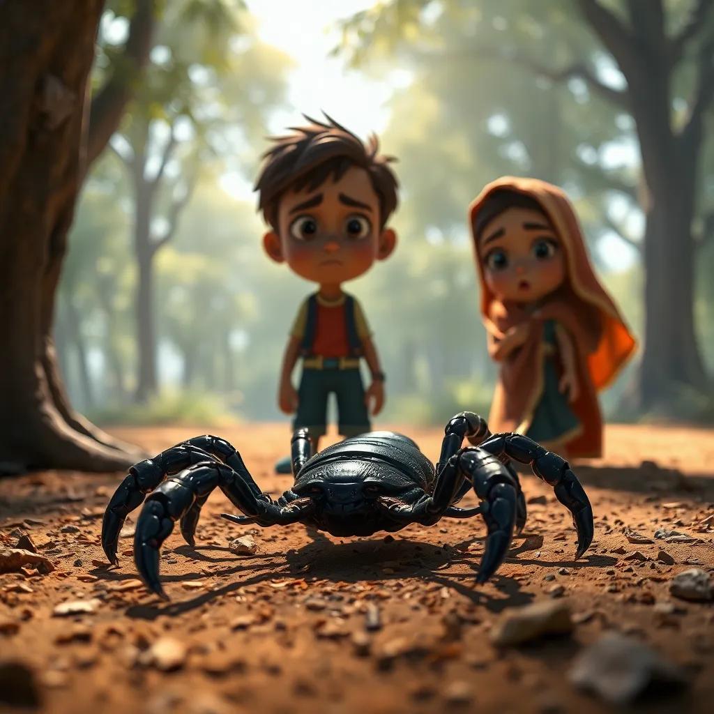 A black scorpion lurking on the ground, with a worried look on the faces of Ahmed and Leila, sunlight filtering through trees, tense atmosphere, high detail