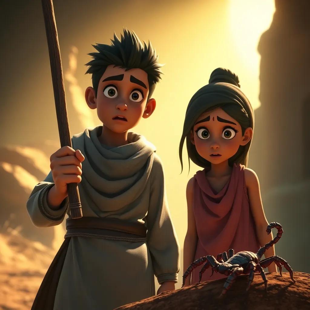 Ahmed holding a stick with determination in his eyes, while Leila looks on anxiously, the scorpion off to the side, warm sunlight, dramatic perspective, high quality