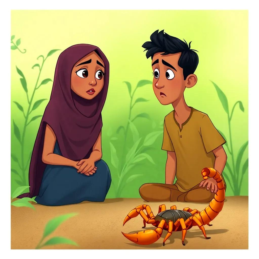 A scene with Leila advising Ahmed to stay back from the scorpion, both looking concerned, green background with plants, storytelling view, child-friendly