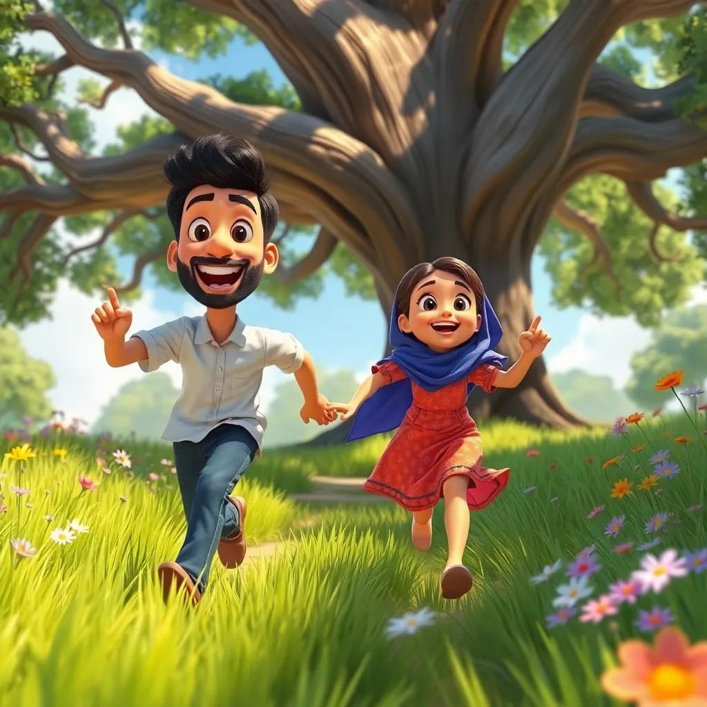 Ahmed and Leila running towards a large tree, excited expressions, vibrant grass and flowers around, sunny day, action-oriented perspective, colorful