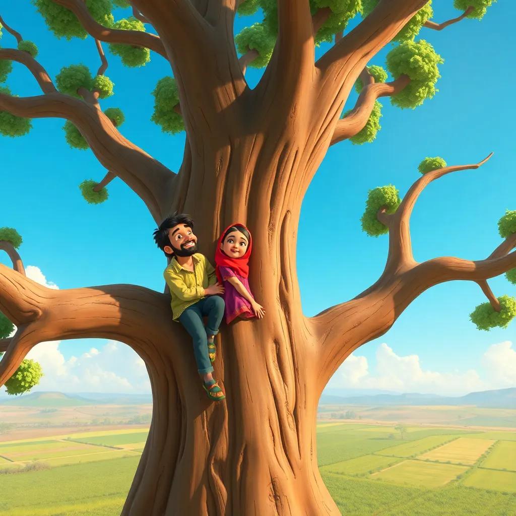 Ahmed and Leila climbing a big tree, looking happy while looking down at the field, bright blue sky, high angle view, whimsical atmosphere, high detail