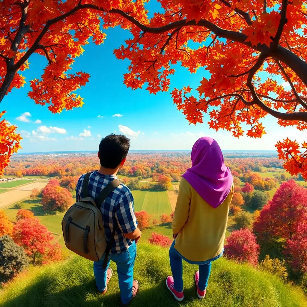 A panoramic view of the field from the top of the tree, Ahmed and Leila enjoying the beautiful landscape, colorful trees, bright blue sky, joyful perspective, stunning colors