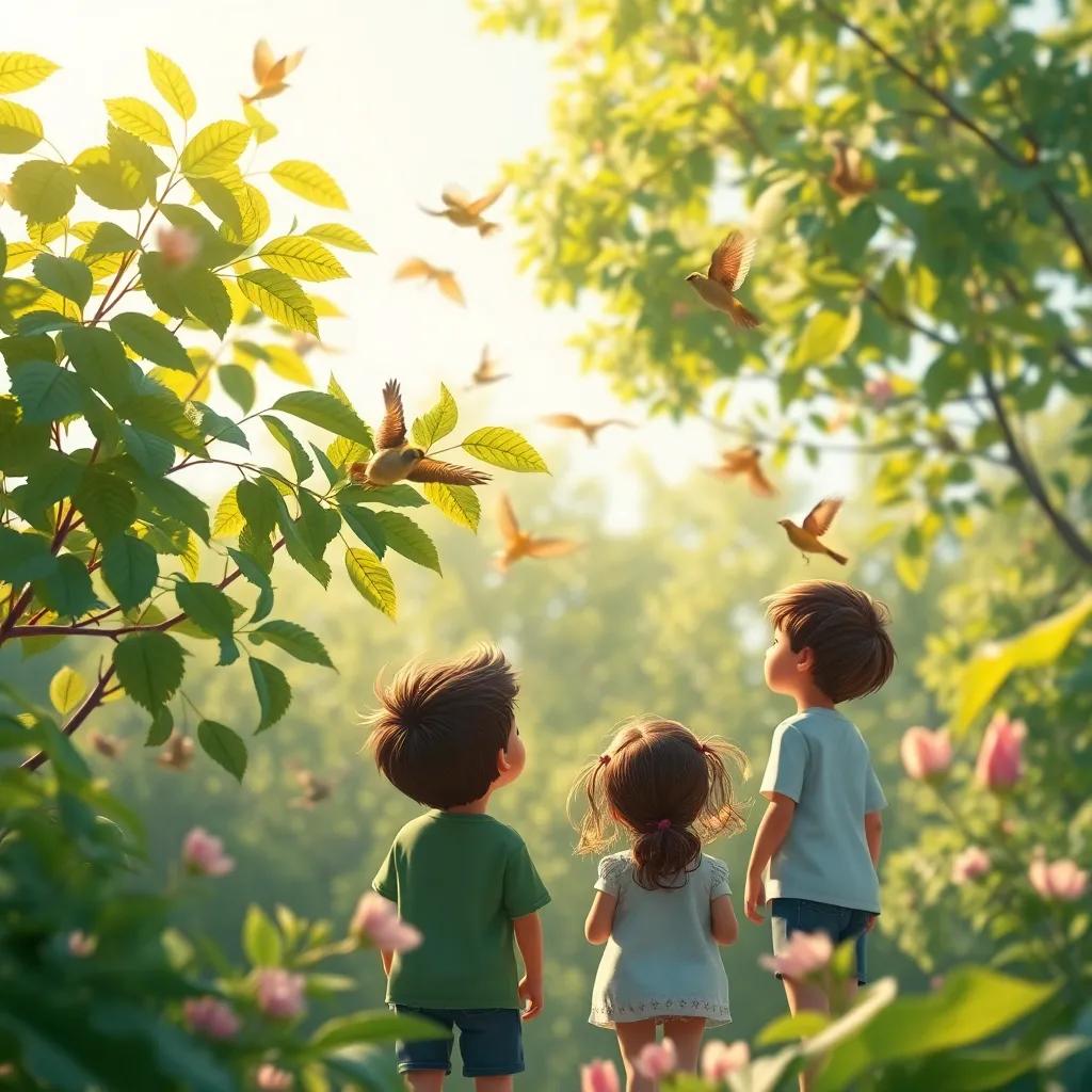 An audio-visual scene of wind blowing the leaves and birds singing, with children appreciating nature, serene atmosphere, natural colors, high quality