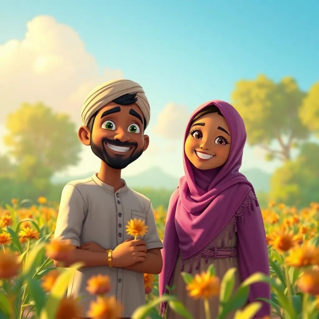 Ahmed and Leila feeling proud after finishing work in the field, smiling with satisfaction, vibrant colors, warm light, heartwarming ending, high quality