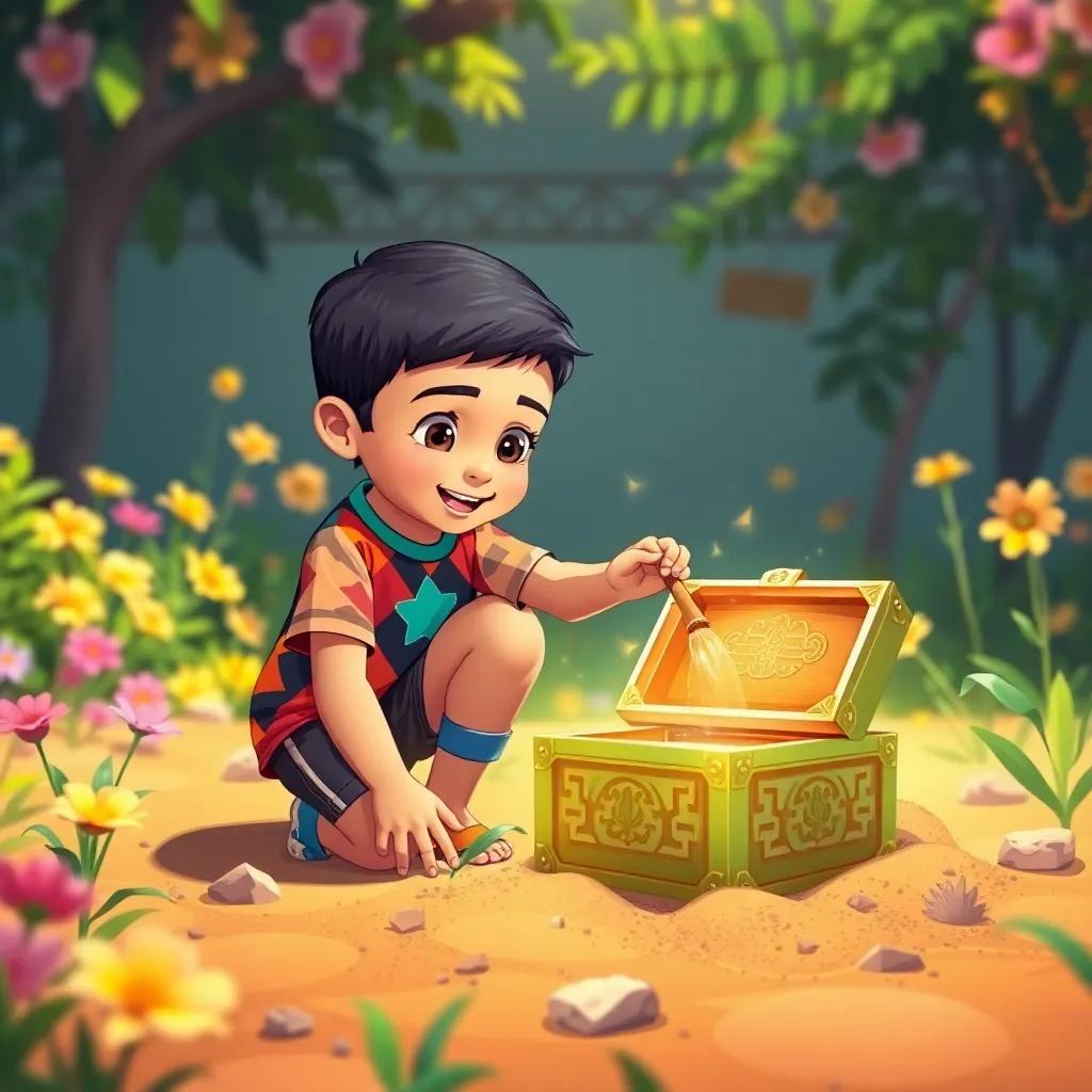 A small Arab boy, Hamid, with short black hair, wearing a colorful t-shirt and shorts, digging in a sunny garden with flowers, discovering a shiny ancient box, digital art, bright colors, cheerful atmosphere, high quality