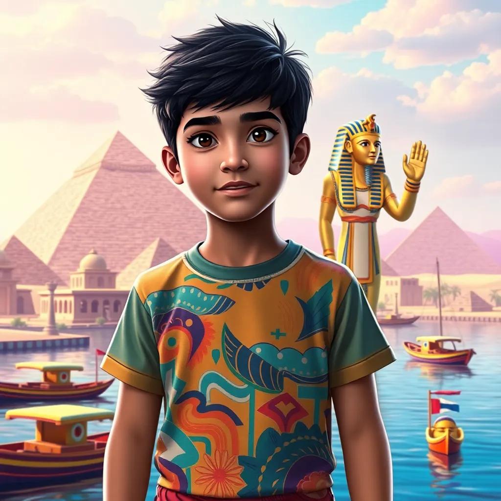 A young Arab boy, Hamid, with short black hair, wearing a colorful t-shirt and shorts, surrounded by ancient Egyptian pyramids, colorful boats on the Nile, a friendly pharaoh waving at him, digital art, vibrant and magical, high quality