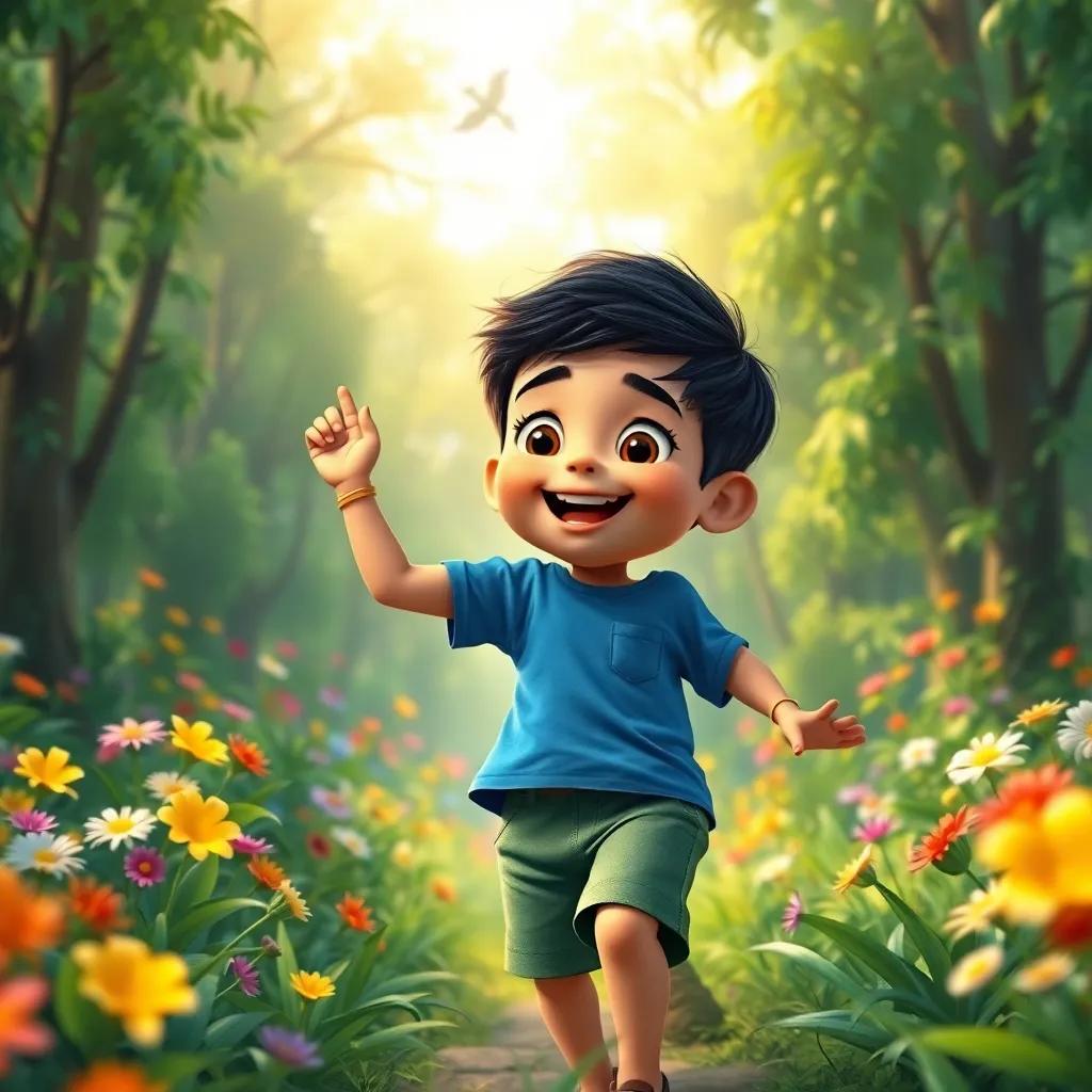 A young Arab boy, Omar, with short black hair wearing a blue shirt and green shorts, excitedly exploring a vibrant green forest with colorful flowers, digital art, lively colors, warm sunlight filtering through the trees, cheerful atmosphere, high quality