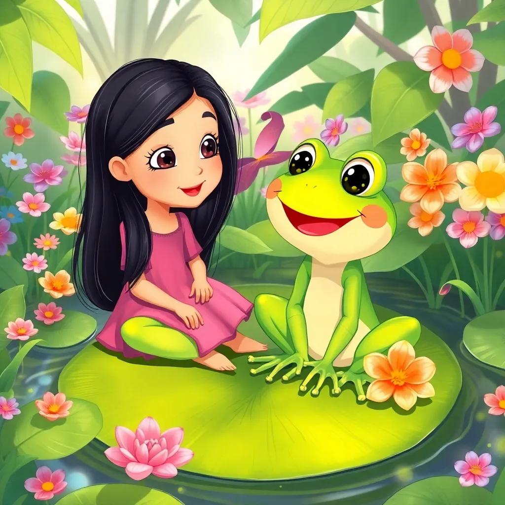 A smiling frog sitting on a lily pad, surrounded by lush greenery and colorful flowers, saying hello to a young Arab girl, Leila, with long black hair wearing a pink dress, illustration, bright colors, friendly vibe, imaginative scene, high quality