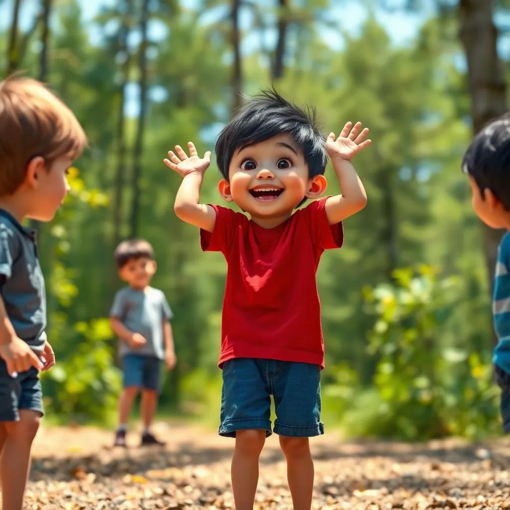 A cheerful young boy, Sami, with short black hair and wearing a red t-shirt and blue shorts, excitedly talking to his friends in a sunny forest, vibrant colors, child-friendly, whimsical atmosphere, high quality