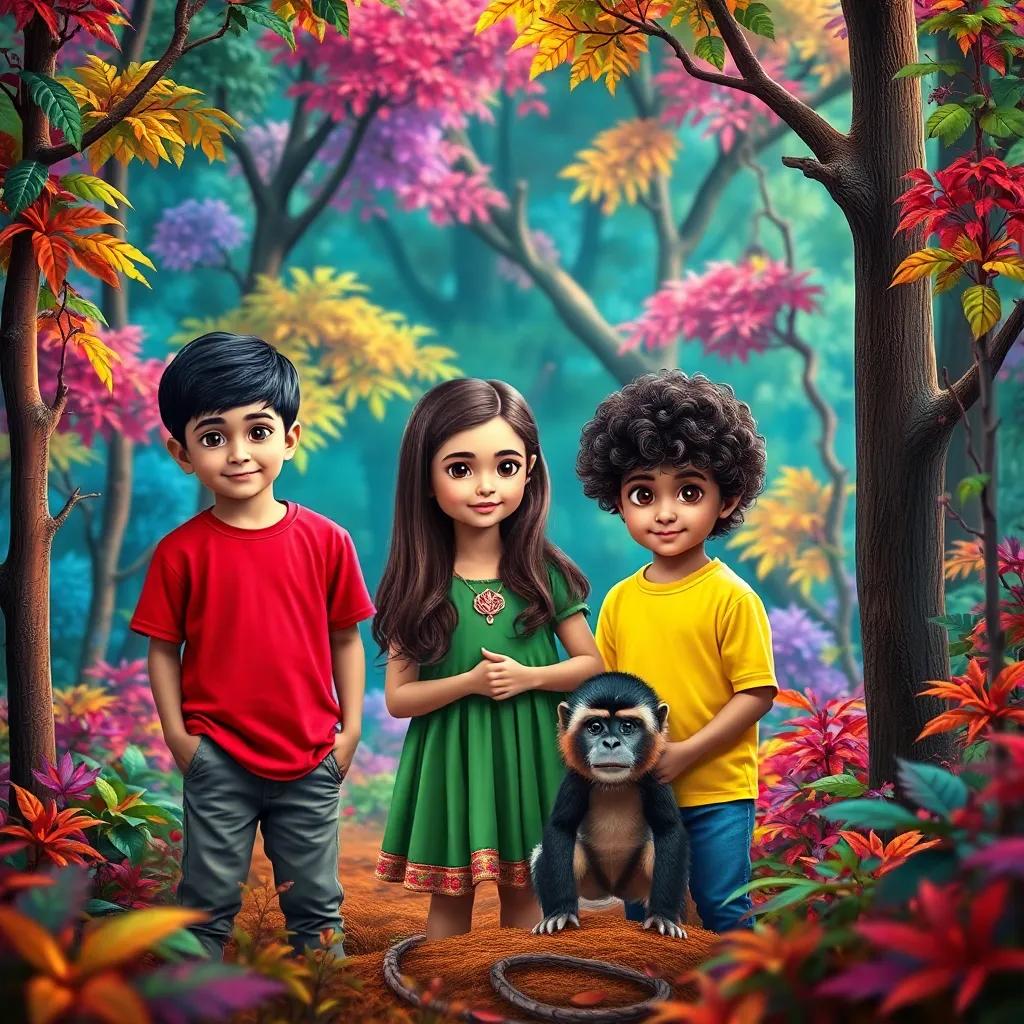 A lush magical forest with bright colors, three children, Sami with short black hair in a red t-shirt, Leila with long brown hair in a green dress, and Rashid with curly hair in a yellow shirt, standing with a small monkey among colorful trees, fantasy vibe, detailed, inviting, high quality