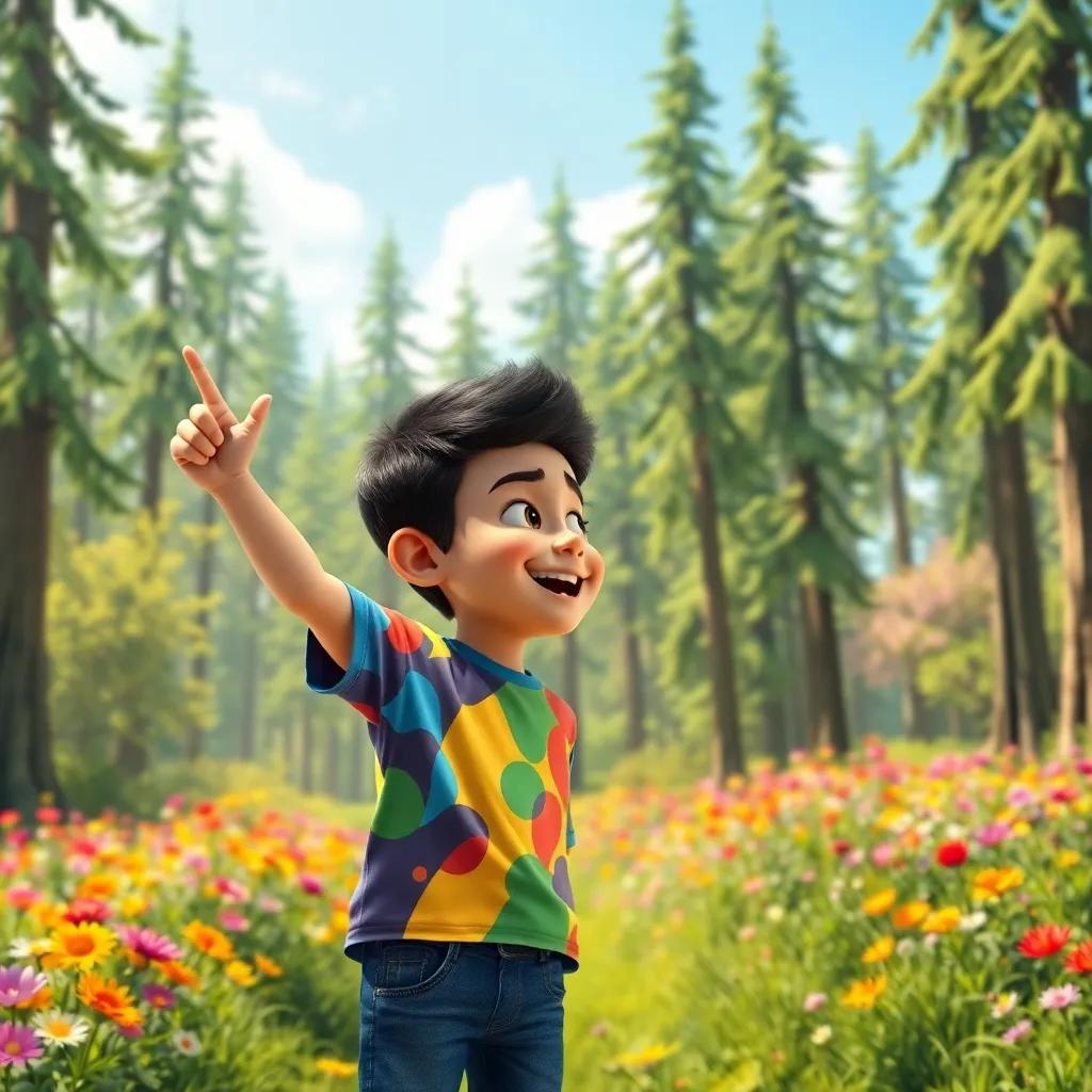 A young Arab boy, Sami, with short black hair, wearing a colorful t-shirt and jeans, excitedly pointing towards a magical forest filled with tall trees and colorful flowers, digital art, vibrant colors, sunny atmosphere, playful mood, high quality