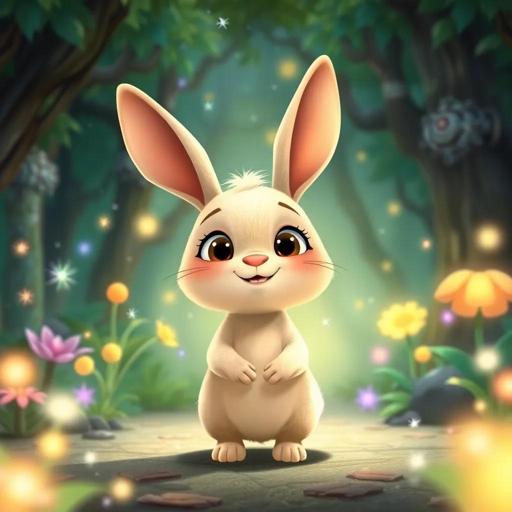 A cute rabbit-like creature named Hado, with big ears and a friendly smile, standing in front of Sami and Ali in the magical forest, surrounded by sparkling lights and magical plants, whimsical illustration, cheerful, enchanting scene, child-friendly