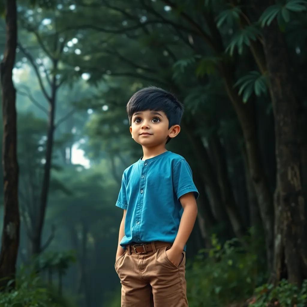 A young Arab boy, Sami, with short black hair, wearing a blue shirt and brown shorts, standing at the edge of a dark, dense forest, looking excitedly, bright colors, digital art, inviting atmosphere, high quality