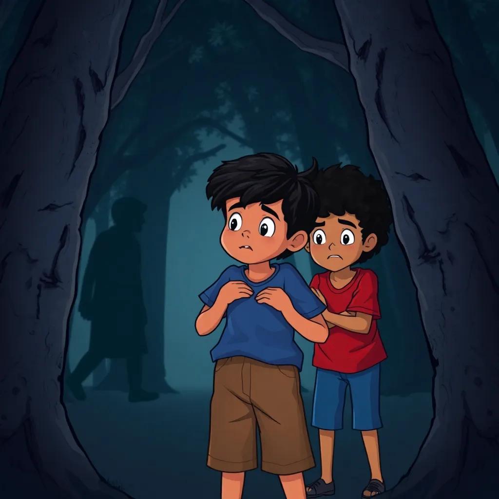 A young Arab boy, Sami, with short black hair, wearing a blue shirt and brown shorts, looking scared with his friend, a young Arab boy, Ahmed, with curly black hair in a red shirt, as they see a shadow between the trees, dark and mysterious, illustration, fearful mood, high quality