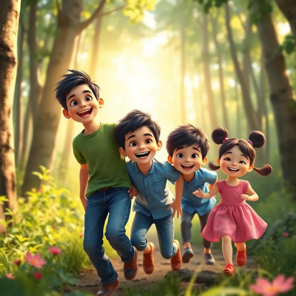 A joyful scene in a sunlit forest with Joawad, an older boy with short black hair wearing a green t-shirt and jeans, Adam, a younger boy with curly hair wearing a blue shirt, and Lin, a small girl with pigtails wearing a pink dress, excitedly exploring the woods, digital art, cheerful atmosphere, bright colors, dynamic and engaging composition, high quality