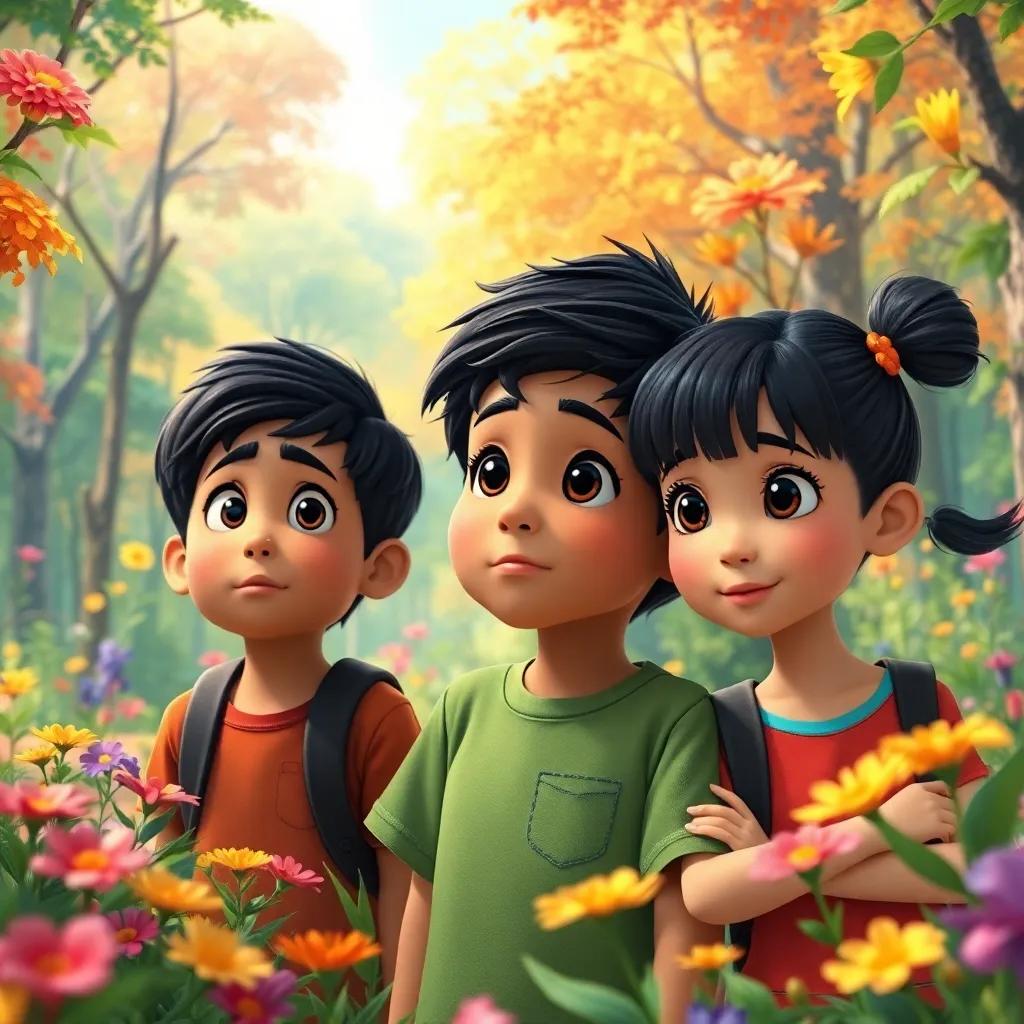 A close-up of Joawad, Adam, and Lin listening curiously in a colorful forest, Joawad with short black hair in a green t-shirt, Adam with curly hair, and Lin with pigtails, surrounded by vibrant trees and flowers, illustration, lively, child-friendly, full of wonder, high quality