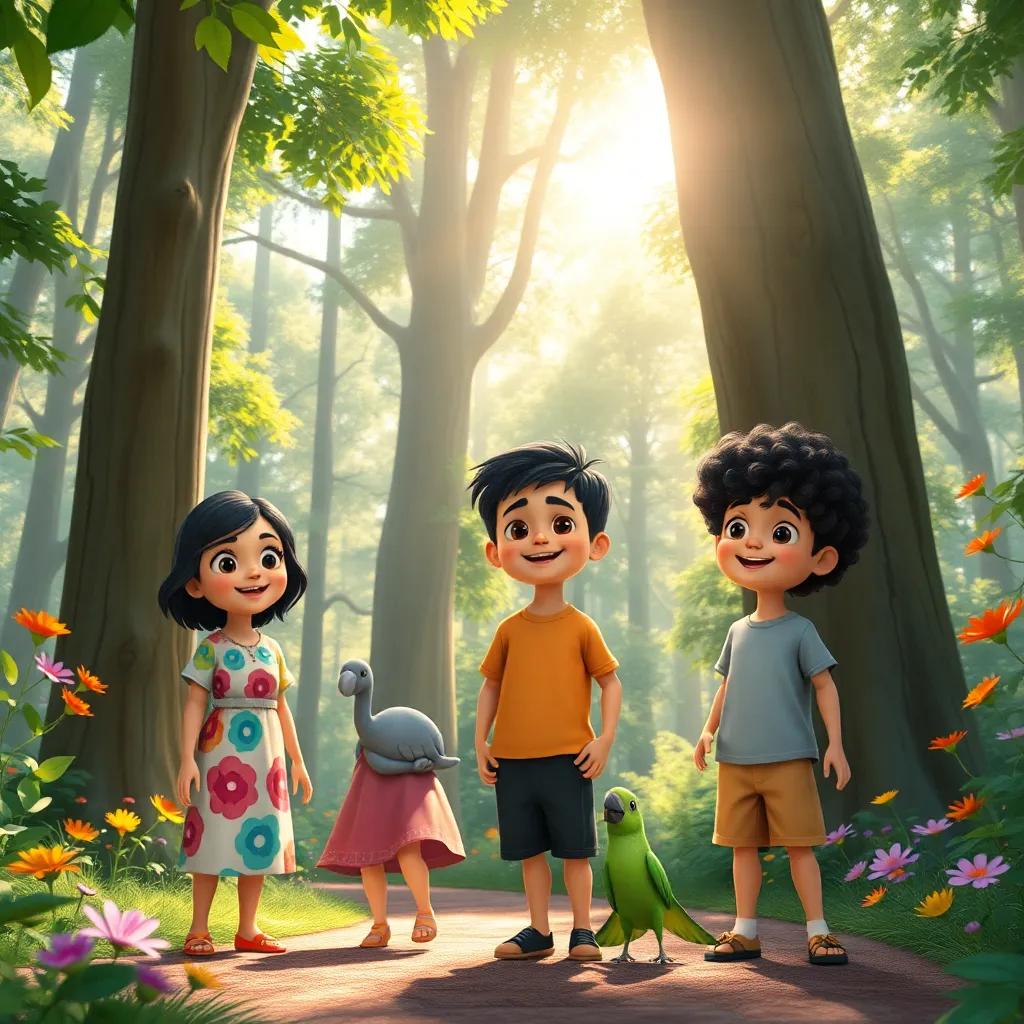 A beautiful forest with tall trees and colorful flowers, featuring three cheerful children - Lina, a Middle-Eastern girl with black hair in a colorful dress, Sami, a Middle-Eastern boy with curly hair wearing a t-shirt and shorts, and a green parrot playing near them, bright sunlight filtering through leaves, joyful atmosphere, digital art, vibrant colors, inviting scene, high quality
