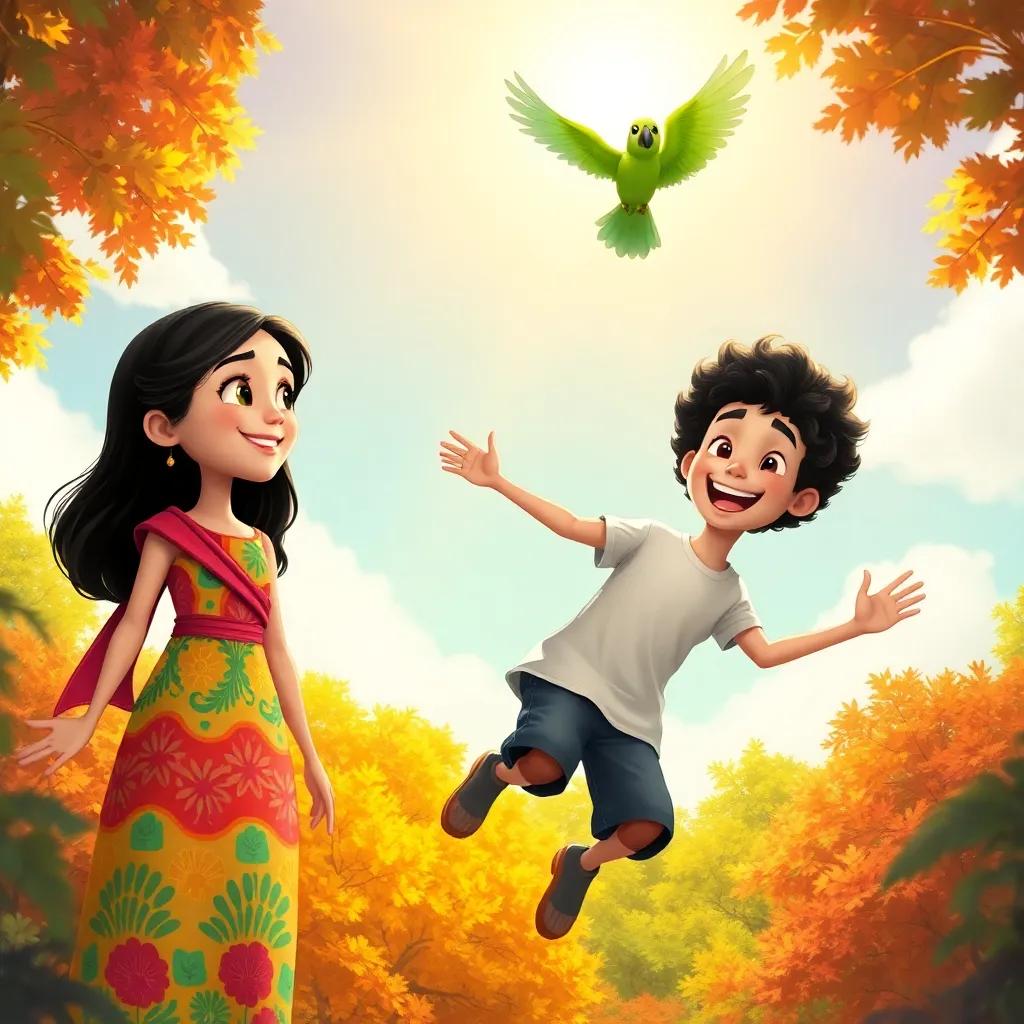 Lina, a Middle-Eastern girl with black hair in a colorful dress, Sami, a Middle-Eastern boy with curly hair in a t-shirt and shorts, and a green parrot flying high above them, colorful trees below, warm sunlight illuminating their happy faces, excitement in the air, illustration, bright and cheerful, engaging perspective, high quality
