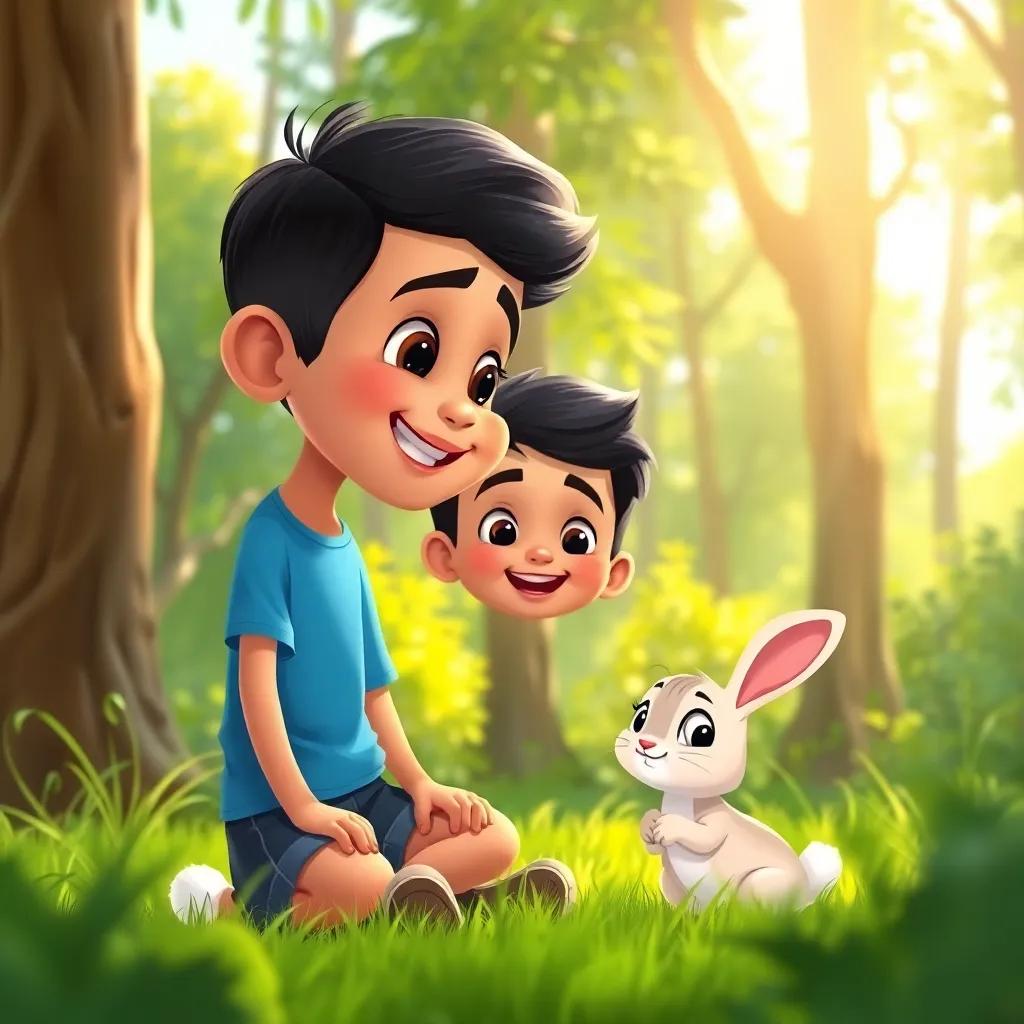 A young Arab boy, Sami, with short black hair, wearing a blue t-shirt and shorts, talking to a small rabbit, smiling in a vibrant green forest, sunlight shining through the trees, cheerful mood, child-friendly illustration, bright colors, inviting scene