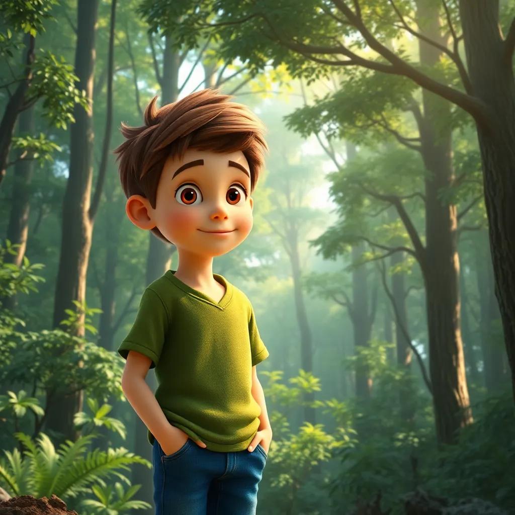 A young boy, Adam, with short brown hair, wearing a green shirt and jeans, standing at the edge of a dense forest with sunlight filtering through the trees, adventurous, vibrant atmosphere, digital art