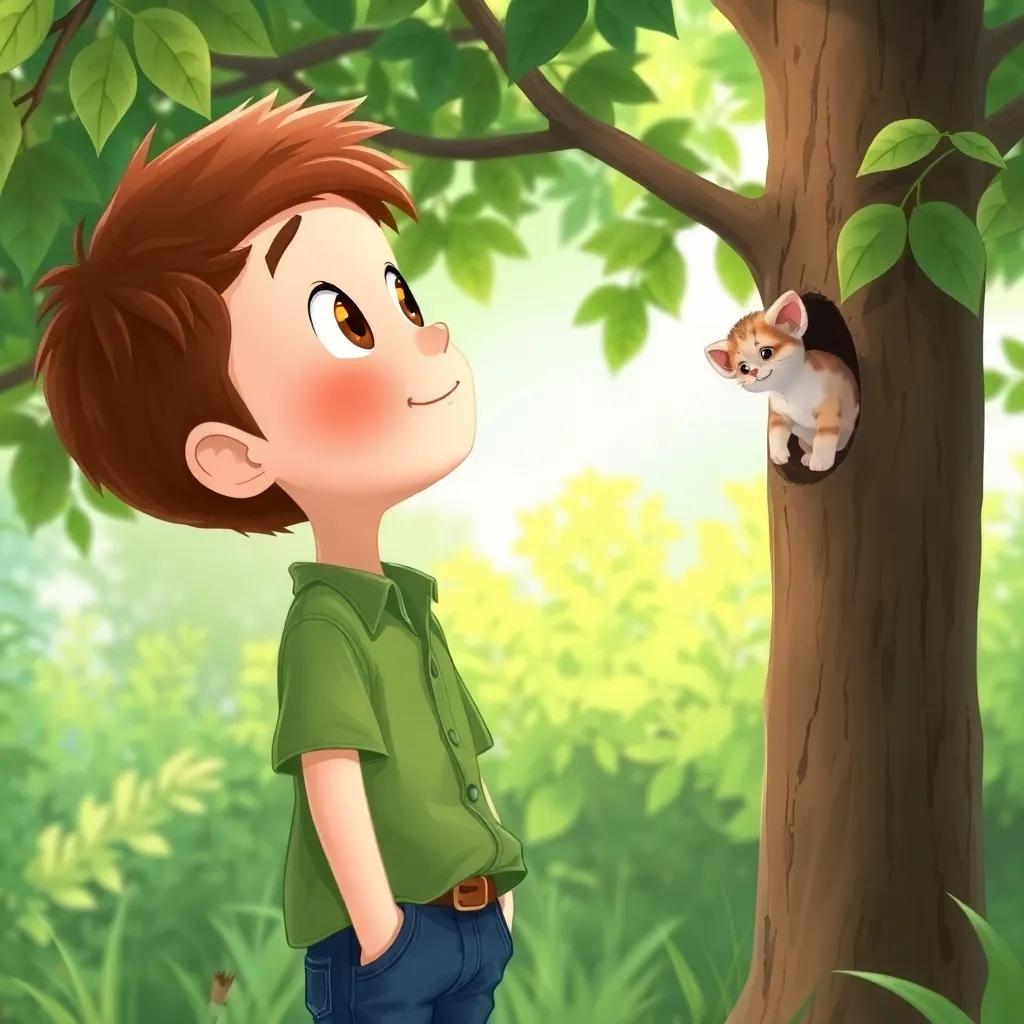 A young boy, Adam, with short brown hair, wearing a green shirt and jeans, looking up at a small kitten stuck in a tree, surrounded by lush greenery, illustration, colorful, cheerful mood