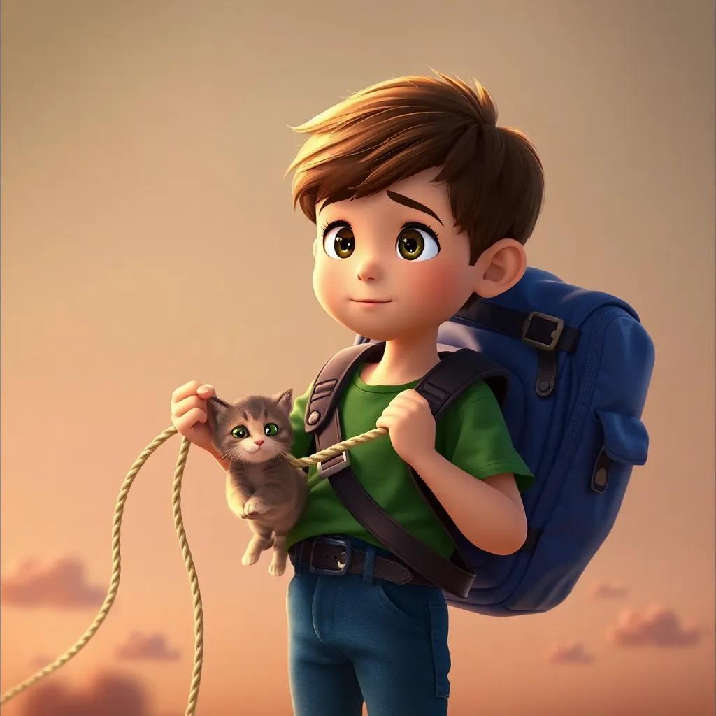A young boy, Adam, with short brown hair, in a green shirt and jeans, pulling out a rope from his backpack to rescue a kitten, thoughtful expression, detail-rich, warm lighting
