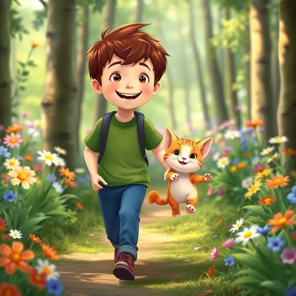 A boy and a kitten, Adam with short brown hair, wearing a green shirt and jeans, happily walking through the forest, surrounded by colorful flowers, joyful atmosphere, illustration