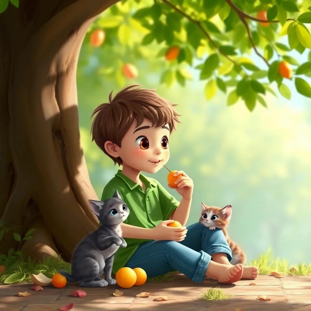 A young boy, Adam, with short brown hair in a green shirt and jeans, sitting under a tree eating fruit with a curious kitten beside him, peaceful setting, vibrant colors
