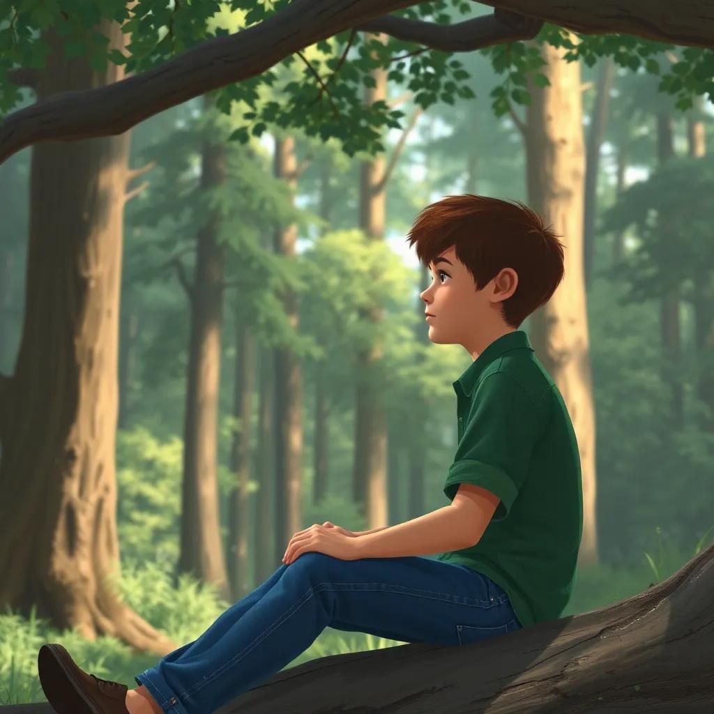 A young boy, Adam, with short brown hair in a green shirt and jeans, looking thoughtfully at the forest while sitting under a tree, introspective, serene mood, digital painting