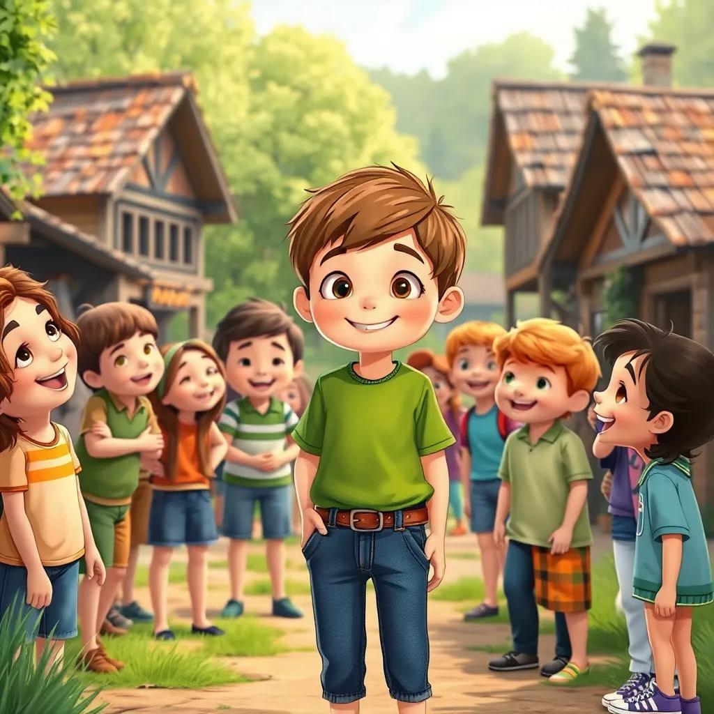 A young boy, Adam, with short brown hair in a green shirt and jeans, surrounded by his friends in the village, happy reunion, lively atmosphere, cheerful illustration