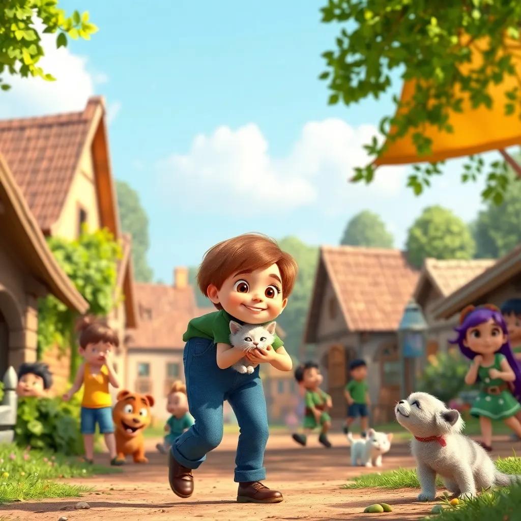 A young boy, Adam, with short brown hair in a green shirt and jeans, holding a kitten while playing with his friends in the village, joyful and fun, colorful scene