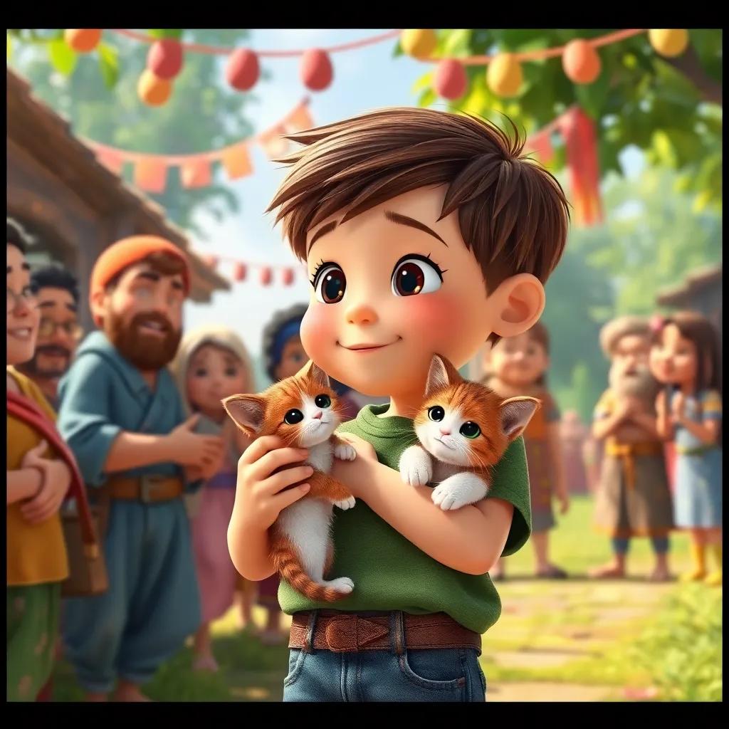 A young boy, Adam, with short brown hair in a green shirt and jeans, looking proudly at the kitten he rescued, with villagers celebrating around him, heartwarming moment, bright colors