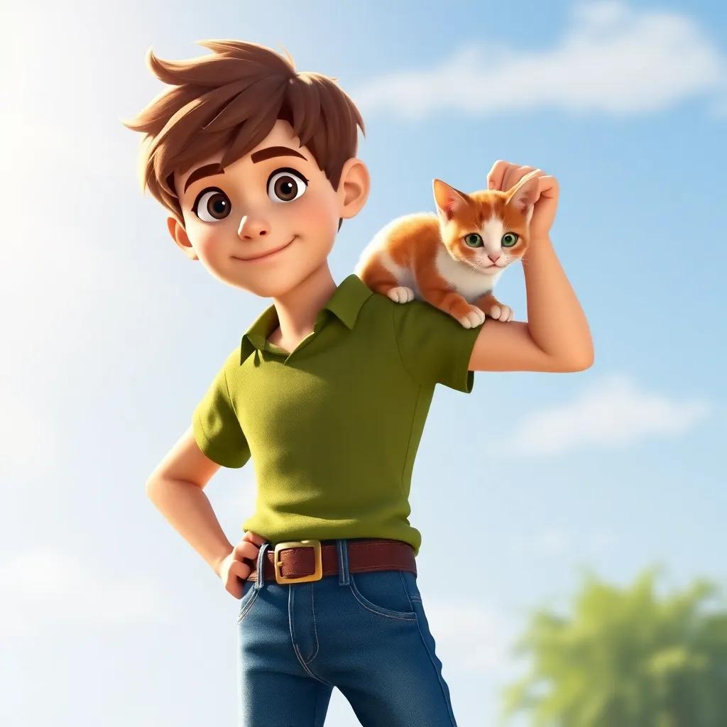 A young boy, Adam, with short brown hair in a green shirt and jeans, standing heroically with the kitten on his shoulder, bright sunny day, heroic pose, digital art