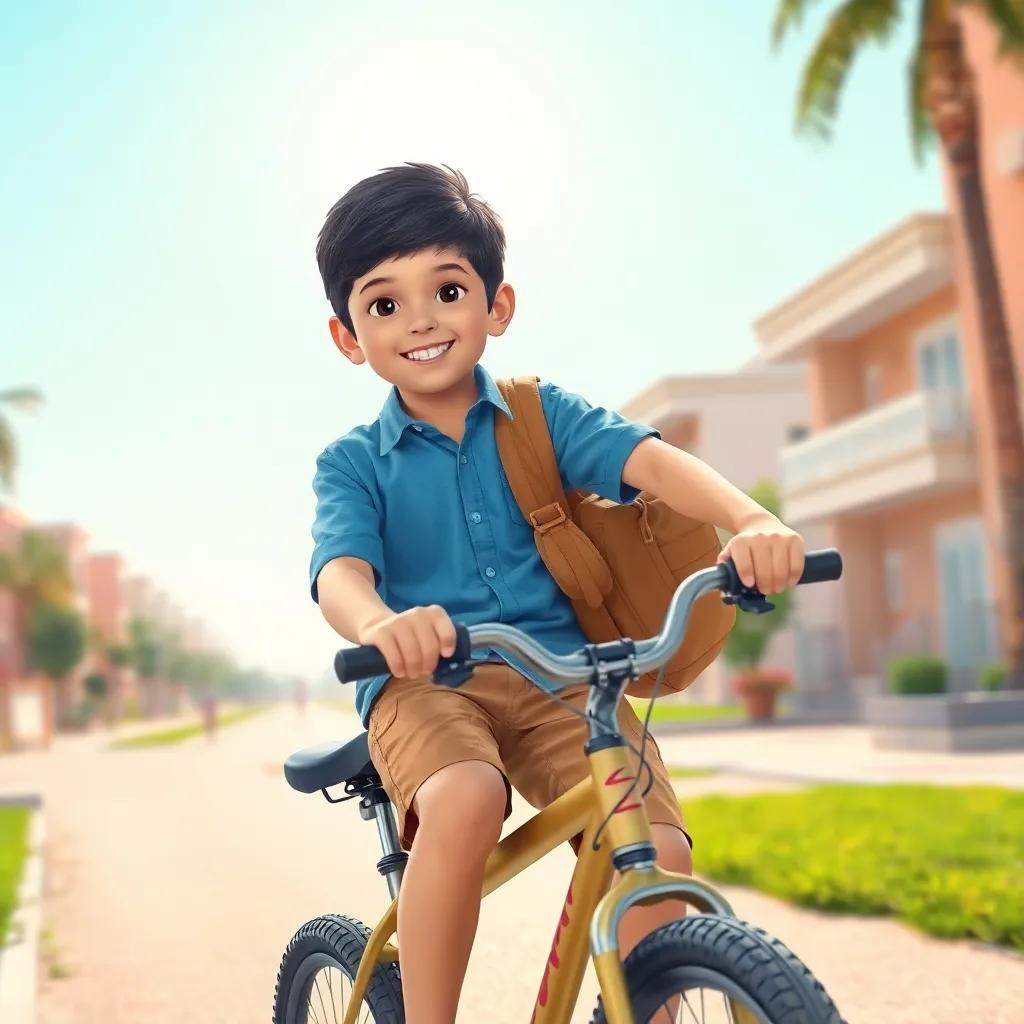 A young Arab boy, Kaye, with short black hair, wearing a blue shirt and brown shorts, riding a bicycle to school with a bright sun in the sky, cheerful atmosphere, colorful, high quality