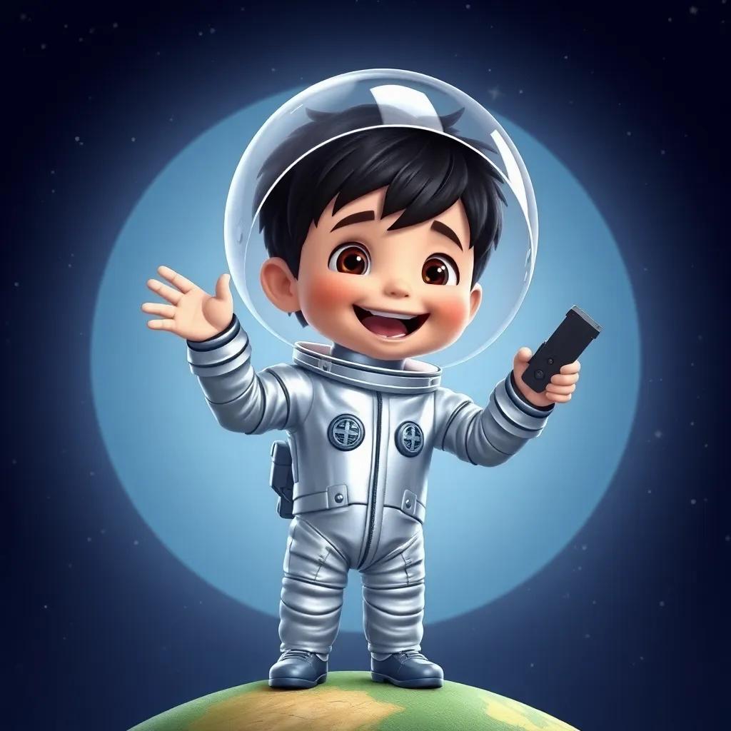 A young boy, Ryan, with short black hair, wearing a shiny space suit and a helmet, standing excitedly on Earth with a remote control in his hand, against a starry background, digital art, bright colors, joyful atmosphere, high quality